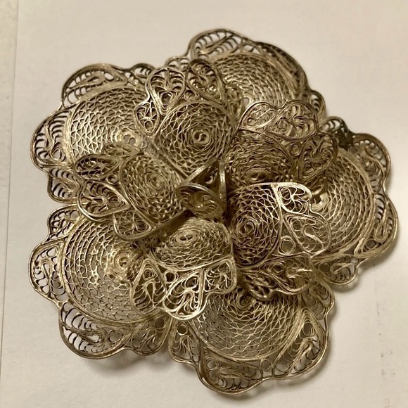 MEXICO  Sterling Silver - Vintage Filigree Flower Motif Brooch Pin - Picture 1 of 5